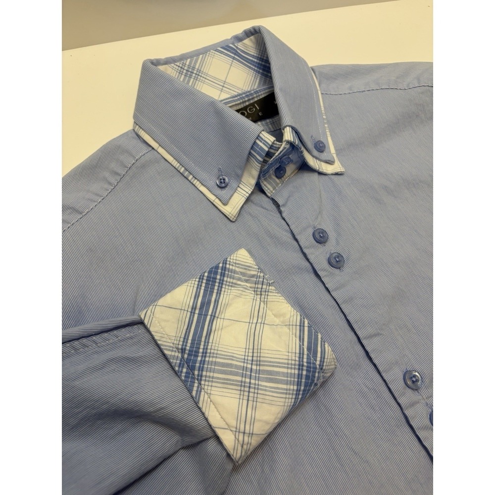 COOGI Luxe Mens M Long Sleeve Button Up Shirt Blue White Double Collar Flip Cuff